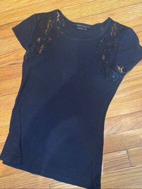 BCBGMaxAzria Black Lace-Trim Short Sleeve Tee